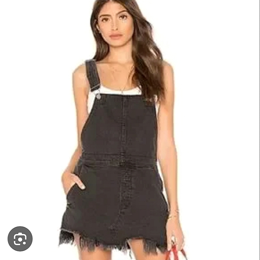 Free People Black Denim Distressed Overall Skirt Size 2